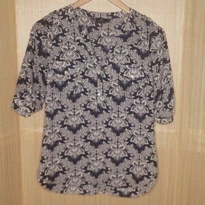 Angie Womens Blue White Short Sleeve Tunic Length Blouse